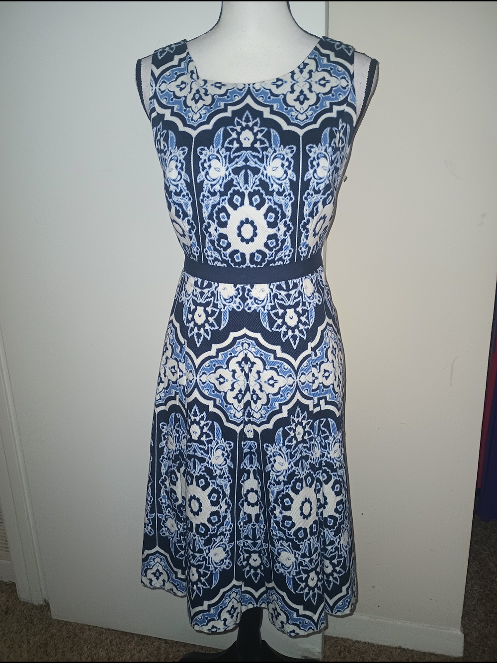 Talbots Navy & White Sleeveless Midi Dress with Medallion Print